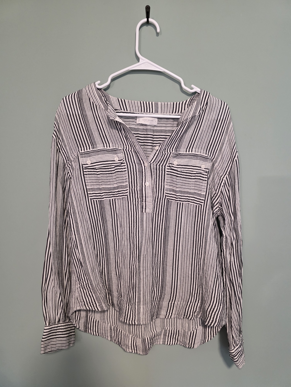 Lucky Brand Black & White Striped Henley Pocket Tunic